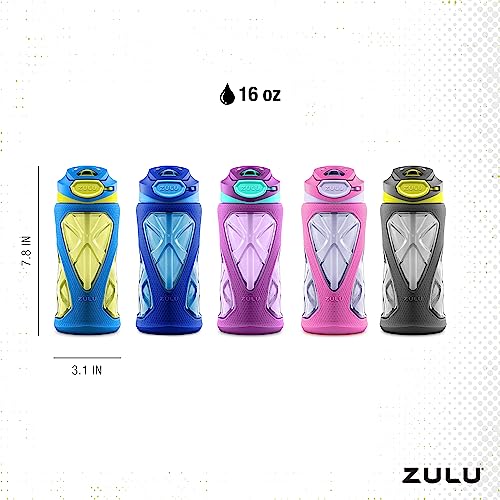 Zulu Torque 16oz Plastic Kids Water Bottle with Silicone Sleeve and Leak-Proof Locking Flip Lid and Soft Touch Carry Loop for School Backpack, Lunchbox, Outdoor Sports, Dishwasher Safe, Purple