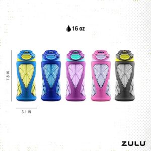 Zulu Torque 16oz Plastic Kids Water Bottle with Silicone Sleeve and Leak-Proof Locking Flip Lid and Carry Loop for School Backpack, Lunchbox, Outdoor Sports, BPA-Free Dishwasher Safe, Grey/ Green