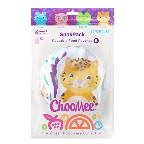 ChooMee Reusable Baby Food Storage Pouches, 5 oz | Ideal for Baby Food, Smoothies and Purees | Secure Double Lock Zipper, Wide Bottom, BPA Free | SnakPack FreshSquad 8 CT