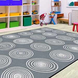 Flagship Carpets Circles Abstract Educational Area Rug for Kids Room Seating Décor, Children's Classroom, Play Carpet for Teaching and Playroom, Seats 24, 7'6" x 12', White & Grey