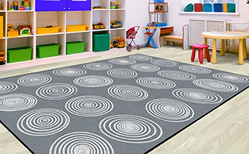 Flagship Carpets Circles Abstract Educational Area Rug for Kids Room Seating Décor, Children's Classroom, Play Carpet for Teaching and Playroom, Seats 24, 7'6" x 12', White & Grey
