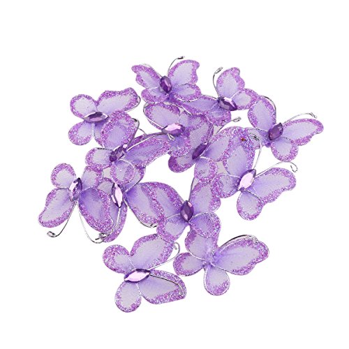 WINOMO Organza Butterflies, 50Pcs Sheer Mesh Wire Glitter Wedding Decorative Butterflies Decors Craft Sheer Mesh Wire Glitter Butterfly with Gem (Purple)