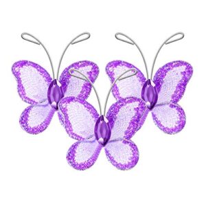 WINOMO Organza Butterflies, 50Pcs Sheer Mesh Wire Glitter Wedding Decorative Butterflies Decors Craft Sheer Mesh Wire Glitter Butterfly with Gem (Purple)