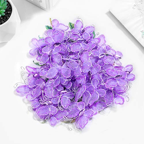 WINOMO Organza Butterflies, 50Pcs Sheer Mesh Wire Glitter Wedding Decorative Butterflies Decors Craft Sheer Mesh Wire Glitter Butterfly with Gem (Purple)