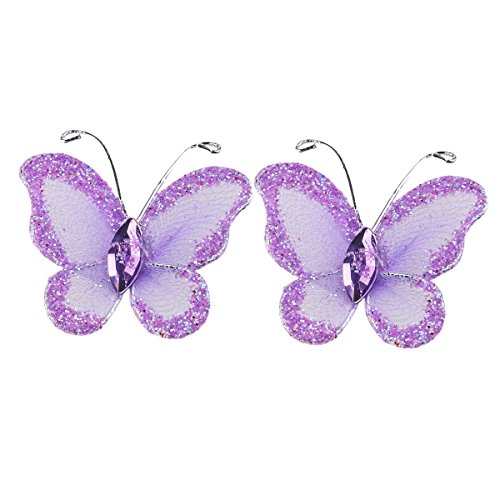 WINOMO Organza Butterflies, 50Pcs Sheer Mesh Wire Glitter Wedding Decorative Butterflies Decors Craft Sheer Mesh Wire Glitter Butterfly with Gem (Purple)