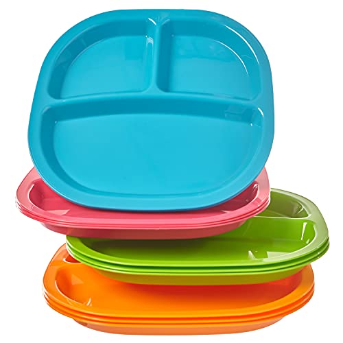 US Acrylic Harmony 3-compartment Divided Plastic Kids Tray in 4 Calypso Colors | set of 12 Reusable, BPA-free Plates, Made in the USA, Microwave & Dishwasher Safe Dinnerware