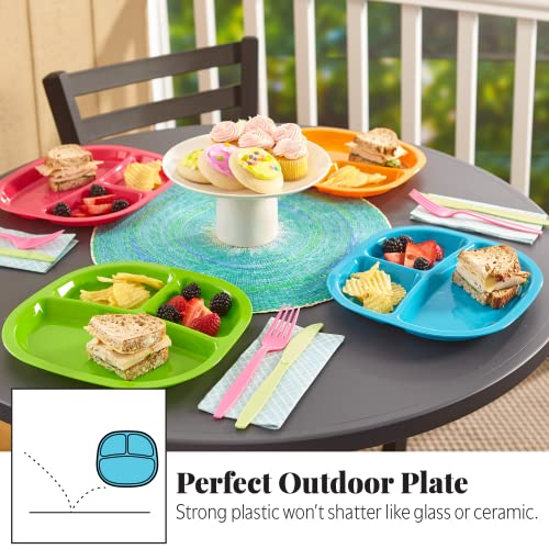 US Acrylic Harmony 3-compartment Divided Plastic Kids Tray in 4 Calypso Colors | set of 12 Reusable, BPA-free Plates, Made in the USA, Microwave & Dishwasher Safe Dinnerware