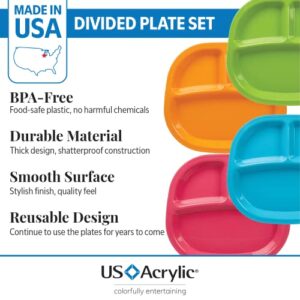 US Acrylic Harmony 3-compartment Divided Plastic Kids Tray in 4 Calypso Colors | set of 12 Reusable, BPA-free Plates, Made in the USA, Microwave & Dishwasher Safe Dinnerware