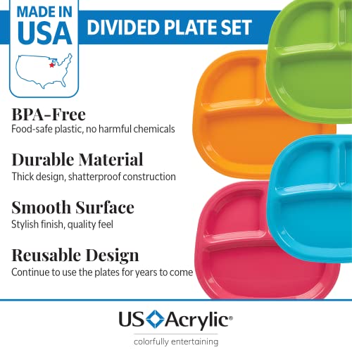 US Acrylic Harmony 3-compartment Divided Plastic Kids Tray in 4 Calypso Colors | set of 12 Reusable, BPA-free Plates, Made in the USA, Microwave & Dishwasher Safe Dinnerware