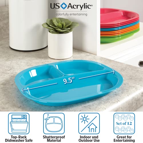 US Acrylic Harmony 3-compartment Divided Plastic Kids Tray in 4 Calypso Colors | set of 12 Reusable, BPA-free Plates, Made in the USA, Microwave & Dishwasher Safe Dinnerware