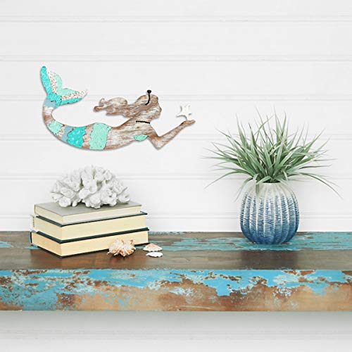 Beachcombers Tricolor Mermaid Sea Life Coastal Tropical Beach House Aqua Natural Distressed Wall Hanging Decor Plaque L18.5 x H8 x 0.25 Teal