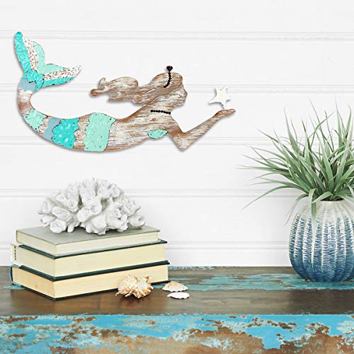 Beachcombers Tricolor Mermaid Sea Life Coastal Tropical Beach House Aqua Natural Distressed Wall Hanging Decor Plaque L18.5 x H8 x 0.25 Teal