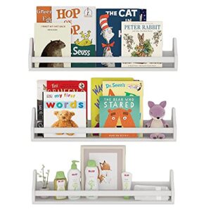 nursery décor wall shelves – 3 shelf set – white long crown molding floating bookshelves for baby & kids room, book organizer storage ledge, display holder for toys, cds, baby monitor