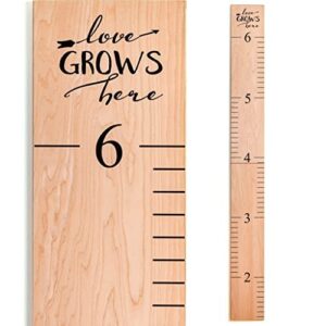headwaters studio wooden ruler growth chart for kids, boys & girls - height chart & height measurement for wall - kids nursery wall decor & room hanging wall decor - love grows here - gray
