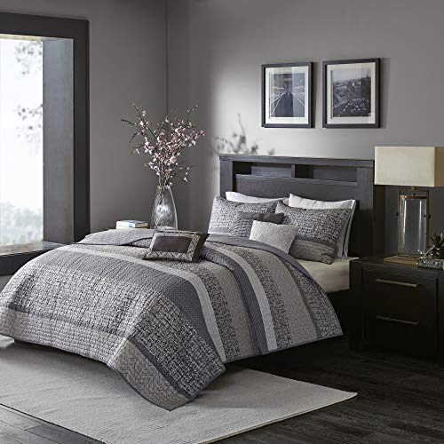 Madison Park Quilt Set Luxurious Jacquard Stripes Design - All Season, Coverlet Bedspread Lightweight Bedding Layer, Shams, Decorative Pillow, Full/Queen(90"x90"), Chevron Grey/Taupe 6 Piece