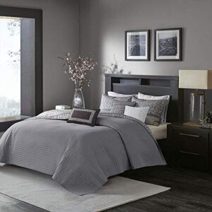 Madison Park Quilt Set Luxurious Jacquard Stripes Design - All Season, Coverlet Bedspread Lightweight Bedding Layer, Shams, Decorative Pillow, Full/Queen(90"x90"), Chevron Grey/Taupe 6 Piece