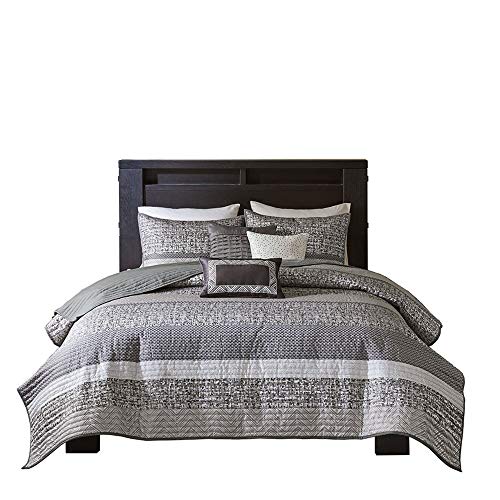 Madison Park Quilt Set Luxurious Jacquard Stripes Design - All Season, Coverlet Bedspread Lightweight Bedding Layer, Shams, Decorative Pillow, Full/Queen(90"x90"), Chevron Grey/Taupe 6 Piece