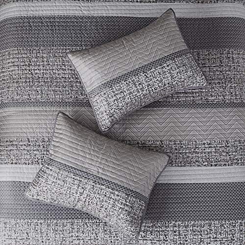 Madison Park Quilt Set Luxurious Jacquard Stripes Design - All Season, Coverlet Bedspread Lightweight Bedding Layer, Shams, Decorative Pillow, Full/Queen(90"x90"), Chevron Grey/Taupe 6 Piece