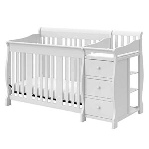 pemberly row 4-in-1 convertible crib and changing table combo in white, three level adjustable mattress height, easily converts to toddler bed or day bed