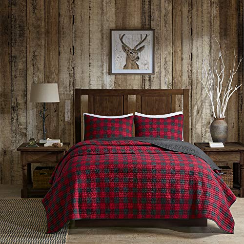 Woolrich Reversible Quilt Set - Cottage Styling Reversed to Solid Color, All Season Lightweight Coverlet, Cozy Bedding Layer, Matching Shams, Oversized King/Cal King, Buffalo Check Red