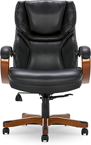 Serta Big and Tall Executive Office Chair with Wood Accents Adjustable High Back Ergonomic Lumbar Support, Bonded Leather, 30.5D x 27.25W x 47H in, Black
