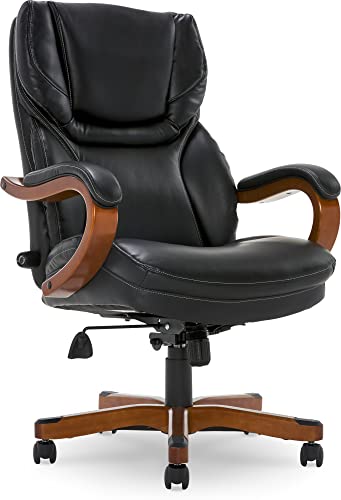 Serta Big and Tall Executive Office Chair with Wood Accents Adjustable High Back Ergonomic Lumbar Support, Bonded Leather, 30.5D x 27.25W x 47H in, Black