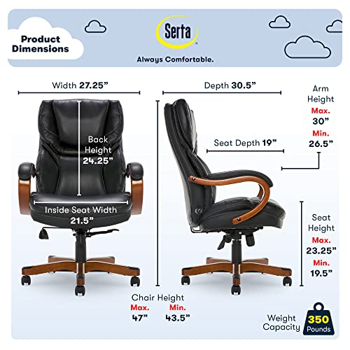 Serta Big and Tall Executive Office Chair with Wood Accents Adjustable High Back Ergonomic Lumbar Support, Bonded Leather, 30.5D x 27.25W x 47H in, Black