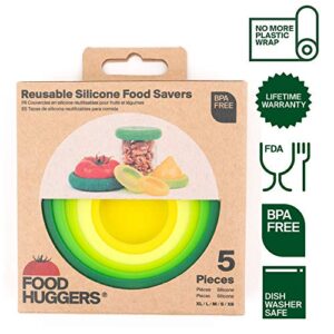 Food Huggers 5pc Reusable Silicone Food Savers | BPA Free & Dishwasher Safe | Fruit & Vegetable Produce Storage for Onion, Tomato, Lemon, Banana, Cans & More | Round, Fresh Greens