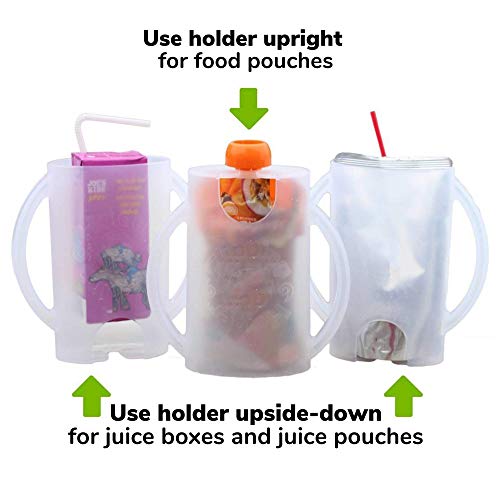 Deluxe Squeeze Proof Flipping Holder (2-Pack with lids) for Food Pouches & Juice Boxes - Multipurpose - Prevent Messes & Support Self-Feeding - Easy Grasping Handles - Made in USA