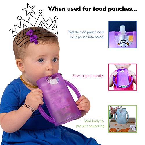 Deluxe Squeeze Proof Flipping Holder (2-Pack with lids) for Food Pouches & Juice Boxes - Multipurpose - Prevent Messes & Support Self-Feeding - Easy Grasping Handles - Made in USA