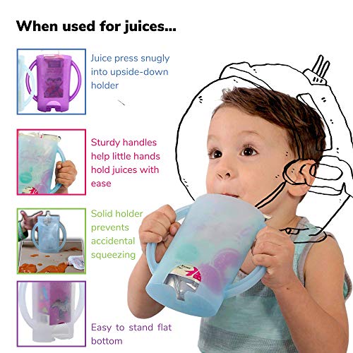 Deluxe Squeeze Proof Flipping Holder (2-Pack with lids) for Food Pouches & Juice Boxes - Multipurpose - Prevent Messes & Support Self-Feeding - Easy Grasping Handles - Made in USA