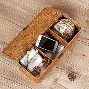 3 Grids Hand-Woven Water Hyacinth Baskets With Lid, Straw Storage Basket