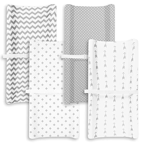 Changing Pad Cover – Premium Baby Changing Pad Covers 4 Pack – Boy or Girl Changing Pad Cover – Pure Jersey Machine Washable Grey and White Changing Table Cover – Diaper Changing Pad Cover Sheets