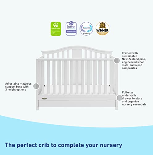 Graco Solano 4-in-1 Convertible Crib with Drawer (White) – GREENGUARD Gold Certified, Crib with Drawer Combo, Includes Full-Size Nursery Storage Drawer, Converts to Toddler Bed and Full-Size Bed