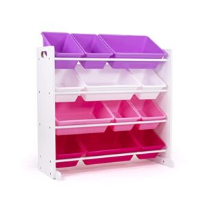 humble crew kids' toy storage organizer with 12 plastic bins, pink&purple, white/purple/pink
