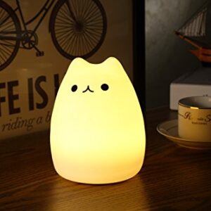 WoneNice Portable Cute Kitty Silicone Night Lamp,USB Rechargeable Children Night Light with Warm White & 7-Color Breathing Modes, Touch Sensor Control, Gift for Women Teen Girls Kids Toddler Baby