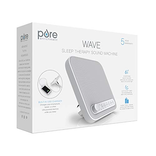 Pure Enrichment® WAVE™ Premium Sleep Therapy Sound Machine with USB Charger - Seamless Looping with 6 Soothing All-Natural Sounds, & Auto-Off Timer - Easily Portable for Travel (White) Patented Design