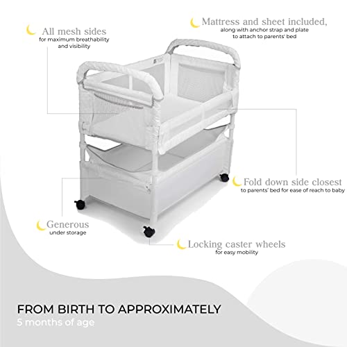 Arm’s Reach Clear-Vue Co-Sleeper Bedside Bassinet Featuring Clear Mesh Panels with Fold-Down Side, Large Attached Storage Basket, 4 Wheels, and Height-Adjustable Legs