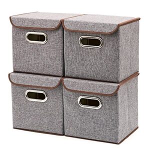 ezoware 4pc storage basket bins with lid - linen lidded fabric folding boxes cubes containers - gray, 9.8 x 9.8 x 9.8 inches