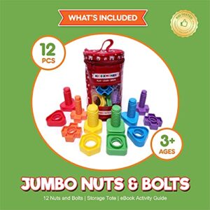 Jumbo Nuts and Bolts For Toddlers - Fine Motor Skills Rainbow Matching Game Montessori Toys For Toddlers & Toddler Games | 12 pc Occupational Therapy Educational Toys with Toy Storage + eBook