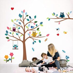 timber artbox cheerful safari nursery wall decor – woodland jungle wall decals with owls & tree – cute animal stickers for kids room, baby boys and girls bedroom, classroom & daycare decorations