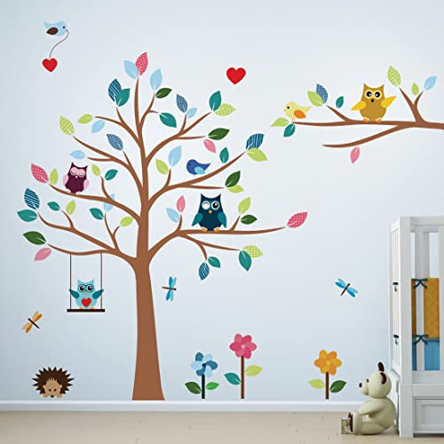 TIMBER ARTBOX Cheerful Safari Nursery Wall Decor – Woodland Jungle Wall Decals with Owls & Tree – Cute Animal Stickers for Kids Room, Baby Boys and Girls Bedroom, Classroom & Daycare Decorations