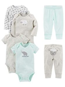 simple joys by carter's unisex babies' 6-piece bodysuits (short and long sleeve) and pants set, grey/mint green/elephant/lamb, 0-3 months