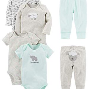 Simple Joys by Carter's Unisex Babies' 6-Piece Bodysuits (Short and Long Sleeve) and Pants Set, Grey/Mint Green/Elephant/Lamb, 0-3 Months