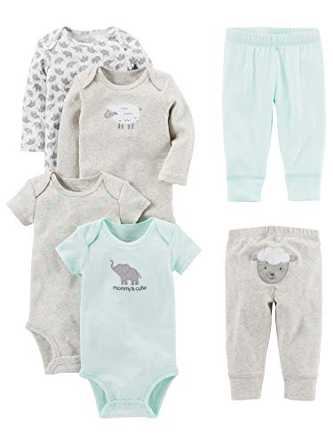 Simple Joys by Carter's Unisex Babies' 6-Piece Bodysuits (Short and Long Sleeve) and Pants Set, Grey/Mint Green/Elephant/Lamb, 0-3 Months