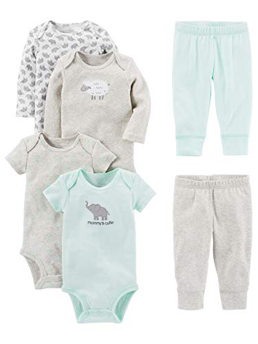 Simple Joys by Carter's Unisex Babies' 6-Piece Bodysuits (Short and Long Sleeve) and Pants Set, Grey/Mint Green/Elephant/Lamb, 0-3 Months