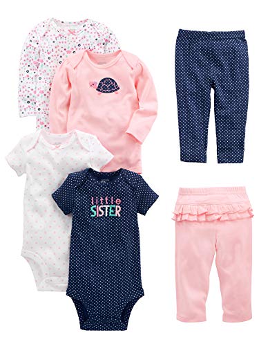 Simple Joys by Carter's Baby Girls' 6-Piece Bodysuits (Short and Long Sleeve) and Pants Set, Pink/Dots/Floral/Turtle, 3-6 Months