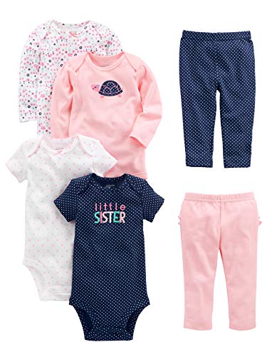 Simple Joys by Carter's Baby Girls' 6-Piece Bodysuits (Short and Long Sleeve) and Pants Set, Pink/Dots/Floral/Turtle, 3-6 Months