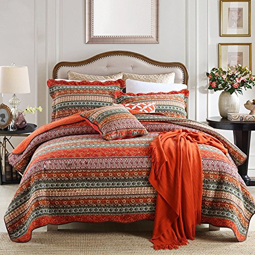 NEWLAKE Striped Classical Cotton 3-Piece Patchwork Bedspread Quilt Sets, Queen Size