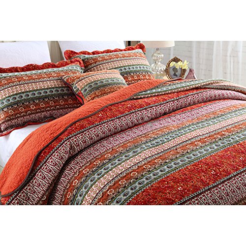 NEWLAKE Striped Classical Cotton 3-Piece Patchwork Bedspread Quilt Sets, Queen Size